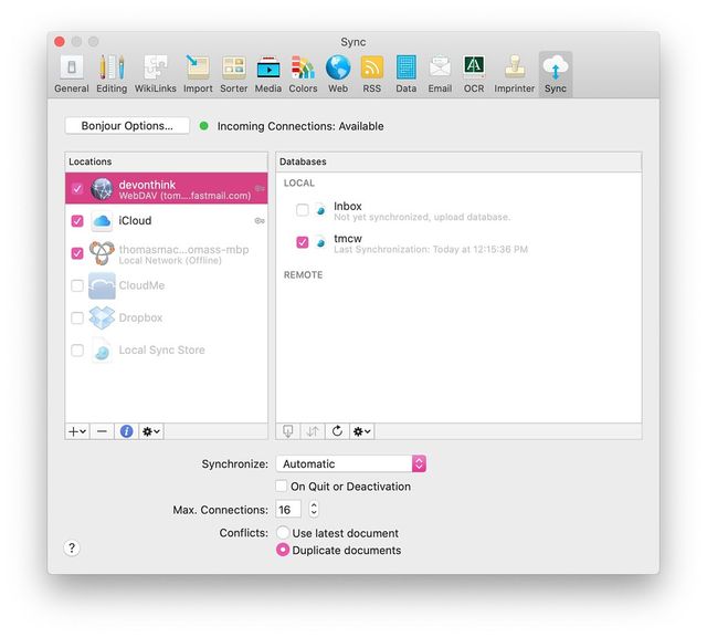 DevonTHINK preference pane with options for webdav, icloud, and others