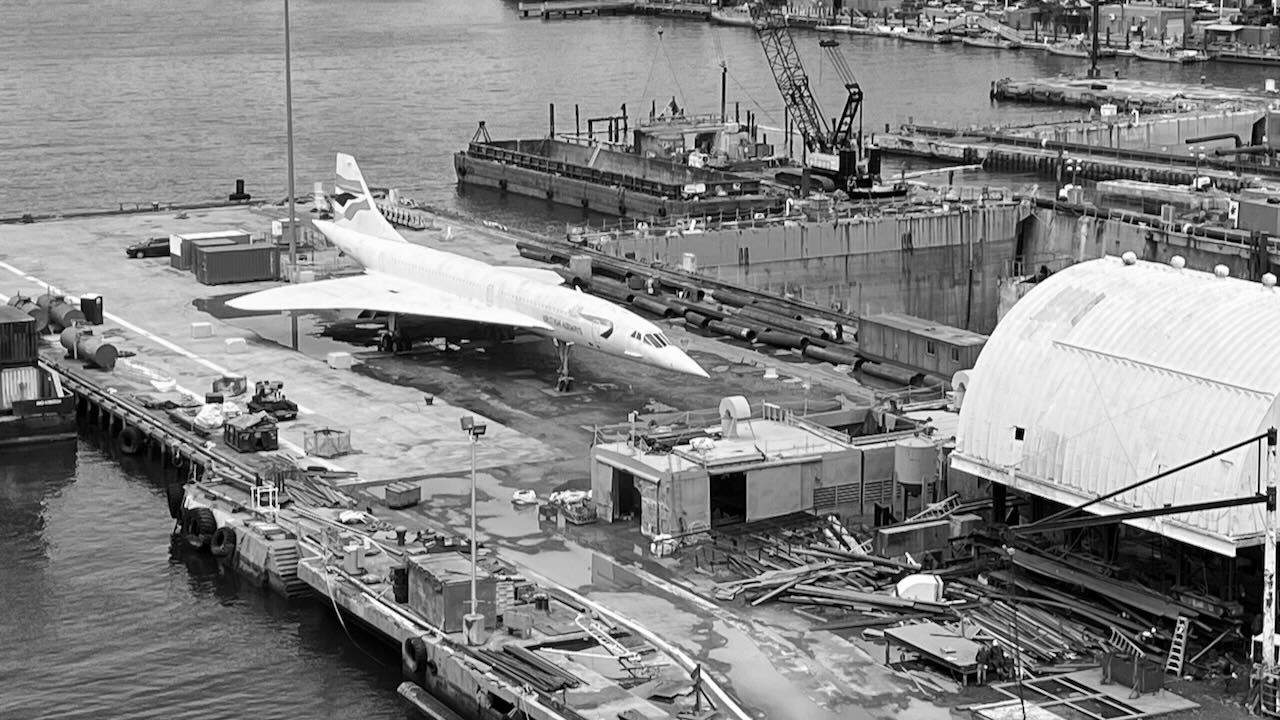 A Concorde jet parked in the Brooklyn Navy Yard