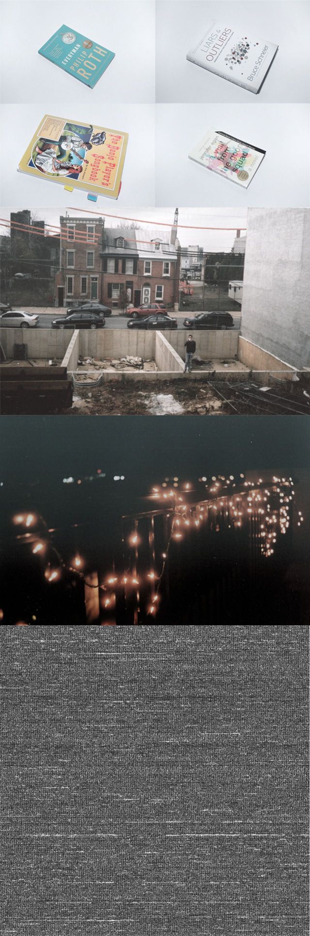 Everyman By Philip Roth, Liars and Outliers by Bruce Schneider, The Banjo Players Handbook by Tim Jumper, a Visit from the Goon Squad by Jennifer Egan, photos from a recent Philadelphia trip, and output of a keylogger